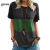 Spring Summer Women's Color Blocked T-shirt Pocket Round Neck Short Sleeve Loose Top