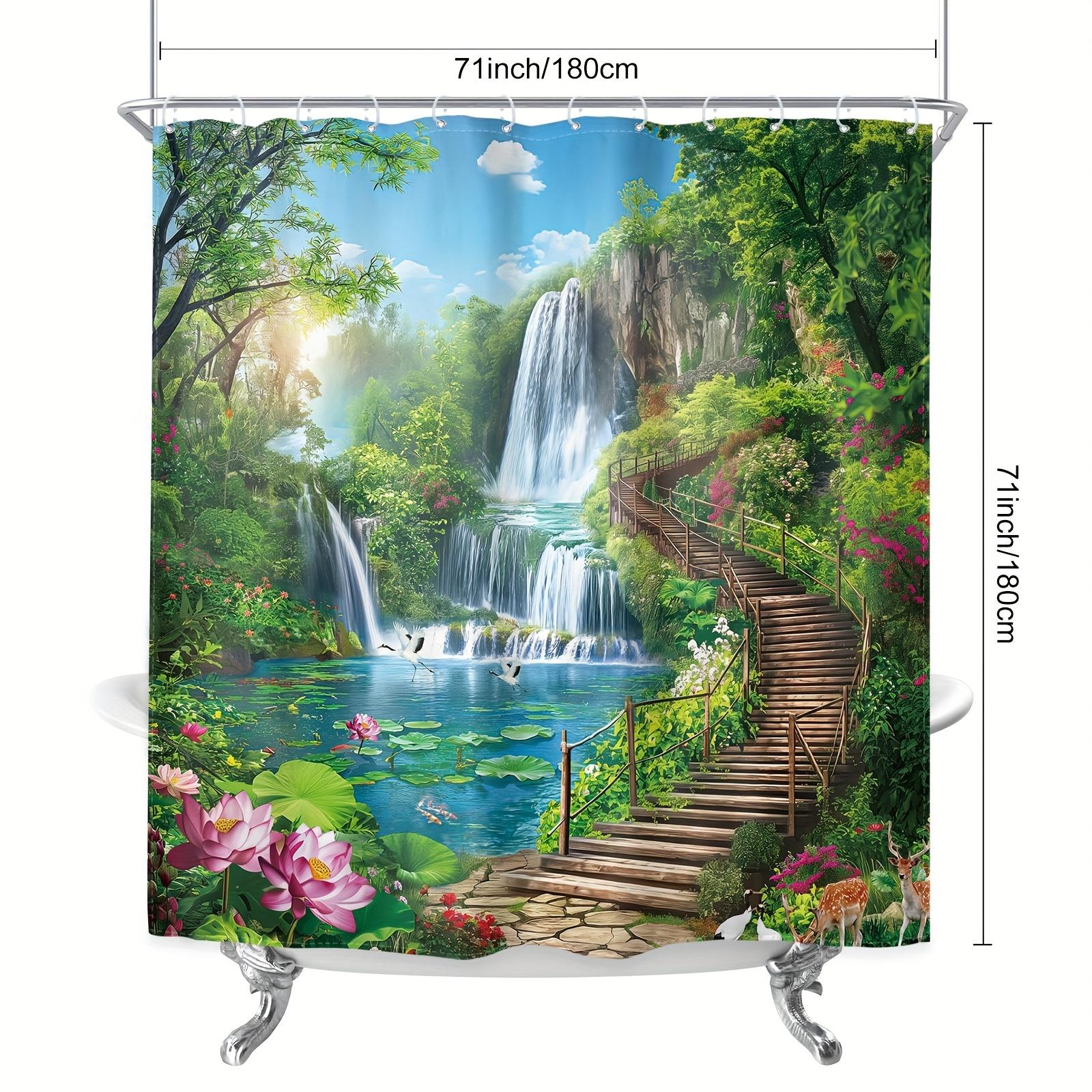 

1/4pcs Bathroom Shower Curtain Set Woods Waterfall StairsPrint Bathroom Curtain With 12 Hooks Non Slip Rugs Toilet Cover Mat Bathroom Partition 1pc Shower Curtain