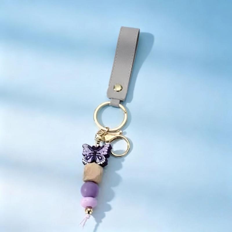 1Pcs Butterfly Silicone Beaded Keychain Personalized PU Leather Bag Charm for Camping Backpack Decor Ornament