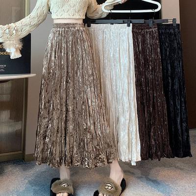 Velvet Glittering Half Skirt for Spring, Autumn and Winter, High-waisted Pleated A-line Skirt, Korean-style Versatile Mid-length Skirt