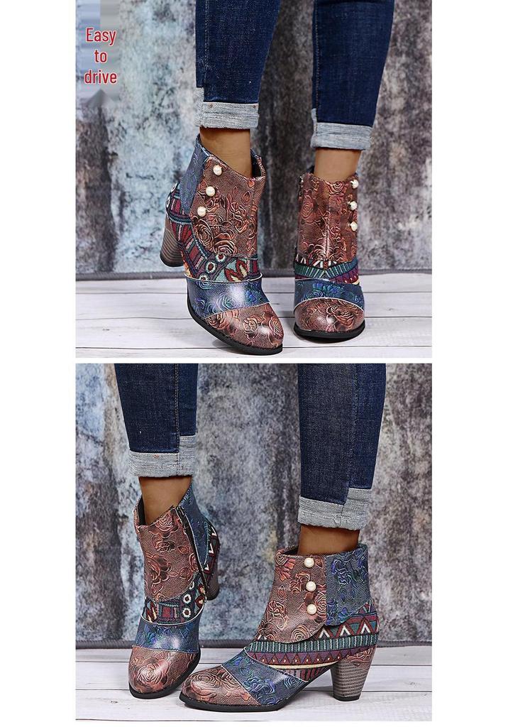 Bohemian Plus Size High Heel Martin Boots - Ethnic Style Patchwork Leather for Women