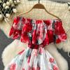 Summer Off Shoulder Gorgeous Flower Holiday Chiffon Dress Women Slash Neck Floral Print Elastic Waist Long Robes