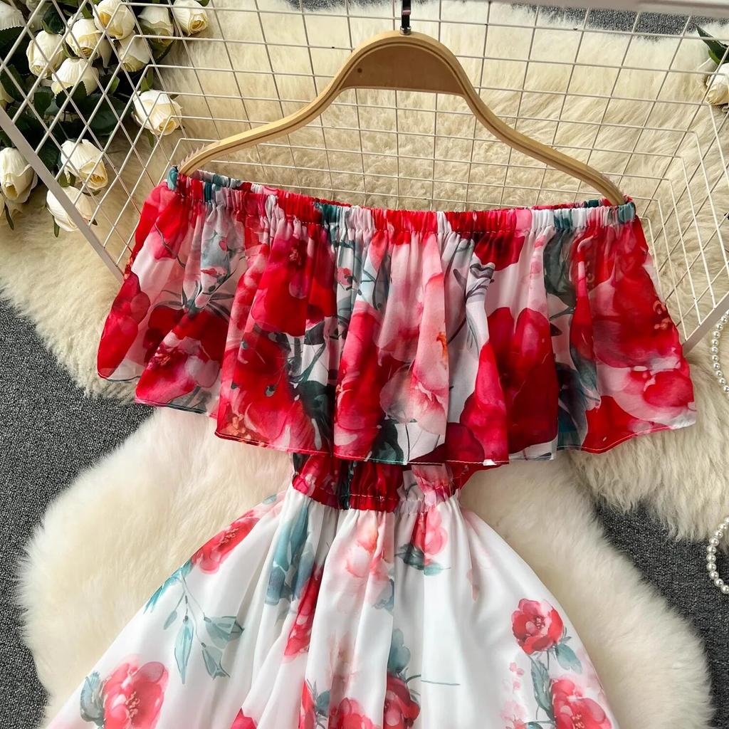 Summer Off Shoulder Gorgeous Flower Holiday Chiffon Dress Women Slash Neck Floral Print Elastic Waist Long Robes