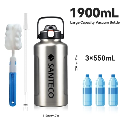 Vakuově izolovaná láhev na vodu SANTECO 1900ml, velká kapacita, udržuje nápoje teplé i studené, včetně brčka, kompatibilní s přímým pitím sportovních nápojů.