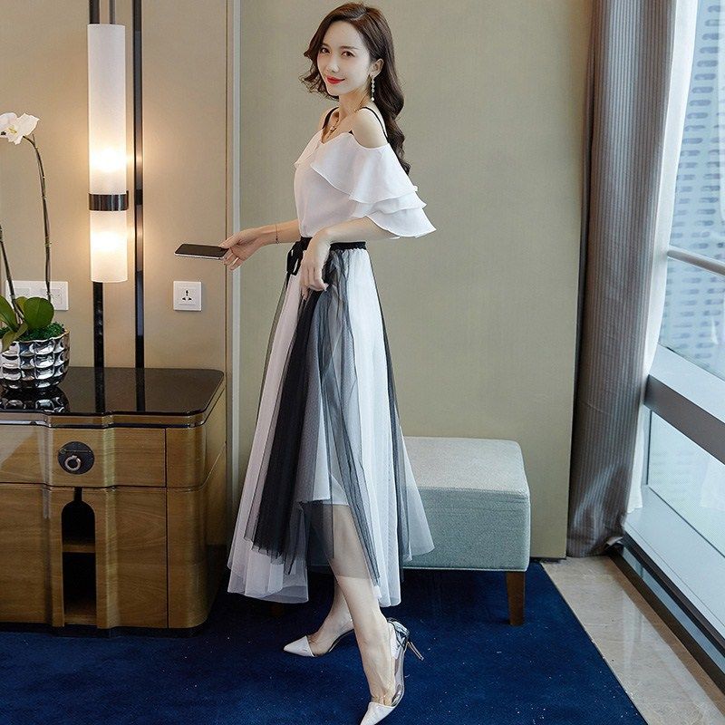 2 Pieces Ladies Suit Skirt Spring and Summer Short Sleeve Mid-length Casual Vacation Office Home