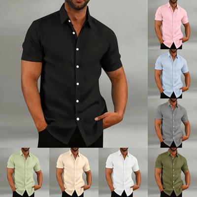 Camicia casual da uomo in lino a maniche corte, senza colletto, top estivo