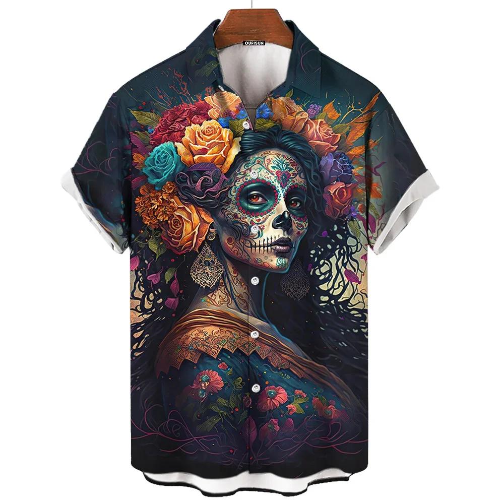 Men's Shirts Skull Face 3d Print Short Sleeve Day of The Dead Shirt Skull Retro Loose Oversized Man Clothing Festival Clothing