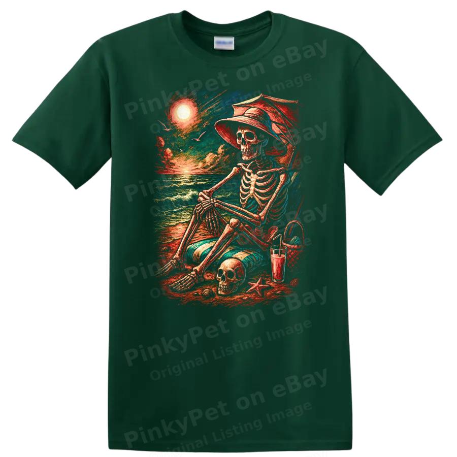 Skeleton Beach Scene Relaxing T Shirt Chill Sunset Ocean Vibes Casual Tee