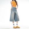 Trendy Summer Slub Fabric Minimal Design Denim Cropped Capri Pants Loose Straight Vintage Washed Slimming Casual Trousers