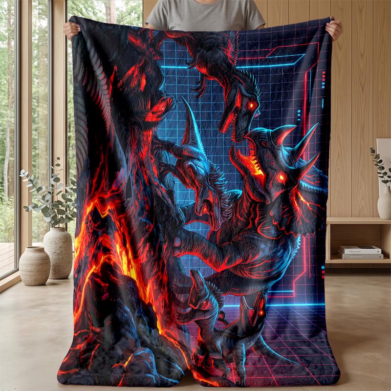 Cyberpunk Dinosaur Pattern Blanket Personalized Name Flannel Blanket Soft Cozy Plush Throw for Sofa Bed Lightweight Home Decor
