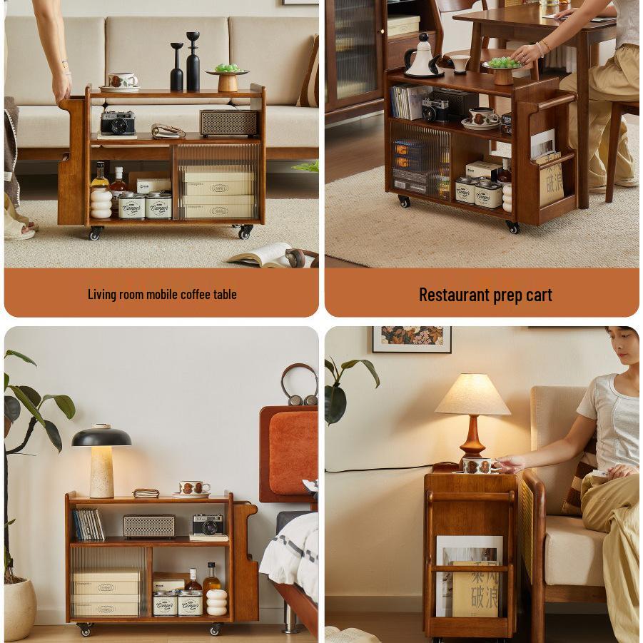 Solid Wood Retro Trolley: Movable Side Table & Snack Cart