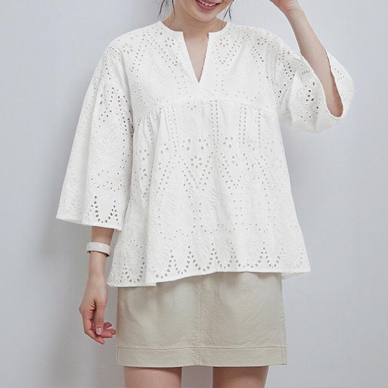 ZANZEA Blusa da Donna Casual con Scollo a V, Maniche a 3/4, Larga, Patchwork di Pizzo all'Uncinetto