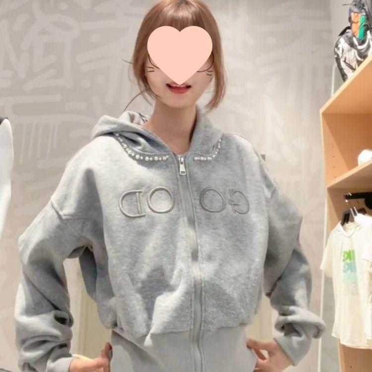 

Women s Beaded Letter Embroidery Hooded Sweatshirt - Cotton, Autumn, Loose College Style, Short Zip-Up Jacket L (100-115 jin)
