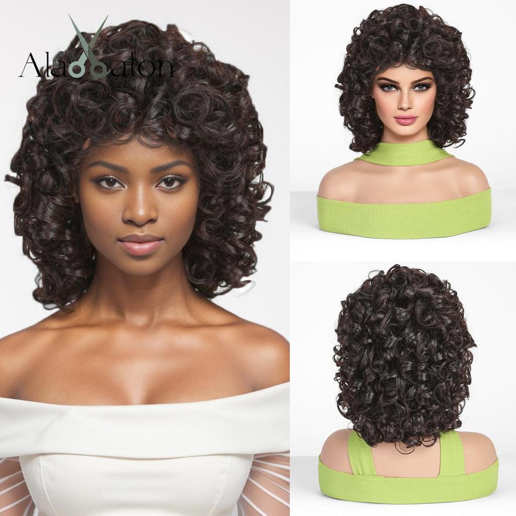 ALAN EATON Women's Kinky Curly Wigs for Black Women Black/Dark Brown Synthetic Wigs Heat Resistant Daily Party