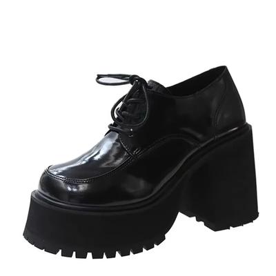 Moda 10CM Damskie Mokasyny na Platformie Czarne Super Wysokie Grube Obcasy Impreza Klub Panie Brytyjskie Wsuwane Kwadratowy Nosek Gruba Podeszwa Czółenka