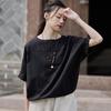 Johnature Women Casual Linen T-Shirts Summer O-Neck Short Sleeve Tees Solid Color Loose Women T-Shirts