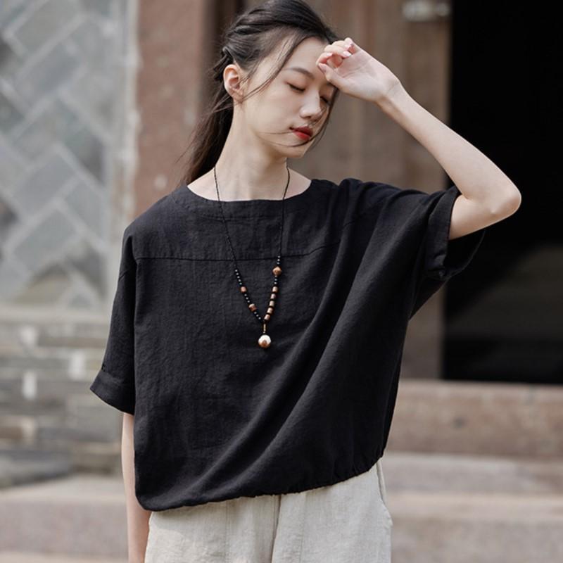 Johnature Women Casual Linen T-Shirts Summer O-Neck Short Sleeve Tees Solid Color Loose Women T-Shirts