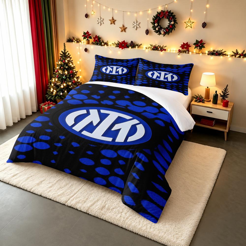 Blue and Black Bedding set with Logo Design. Bedding set (1 duvet cover, 2 pillowcases, duvet not included).
