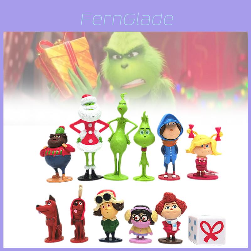 12 figurine adorabile Grinch cu tematică de Crăciun, personaje blănoase verzi, decor de colecție