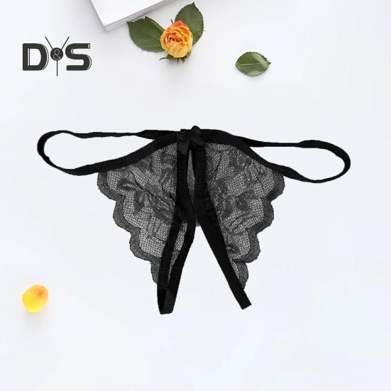 Women Panties Lace Open Crotch See through Bow knot Decor Solid Color Thongs G string Lady Low Waist Thin Intimate Women Underwear