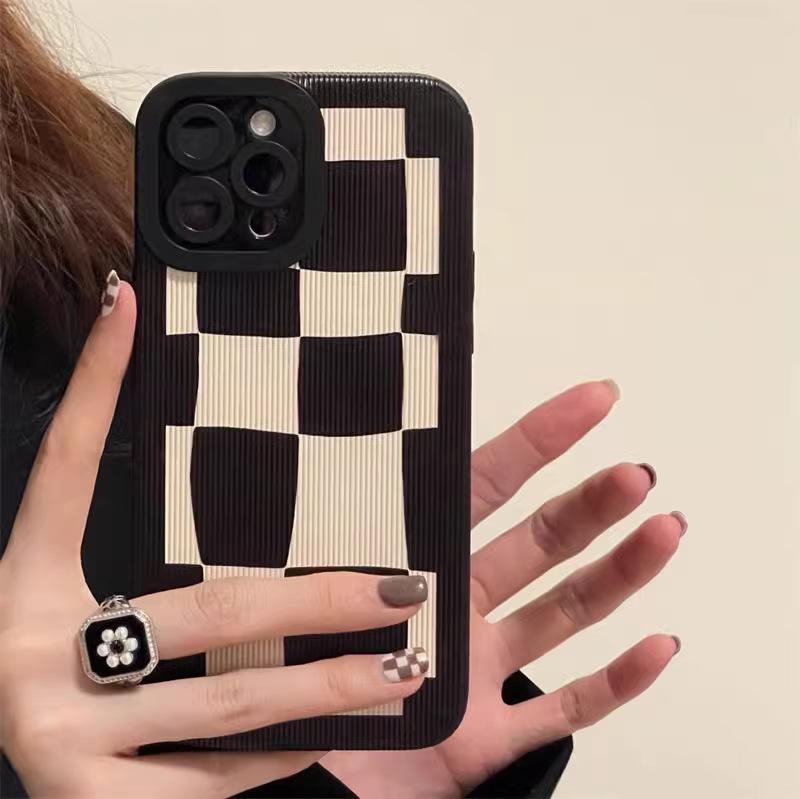 Vertical Leather Shell Chessboard Printed Patterned Shockproof Soft Silicone Case with Camera Lens Full Protection for iPhone Samsung