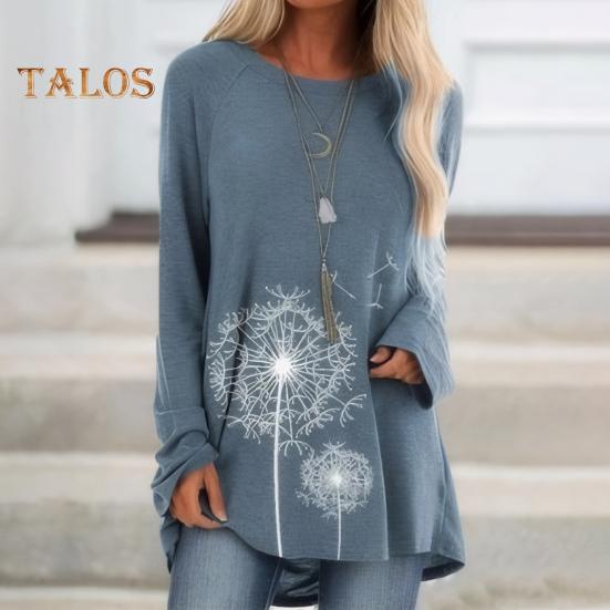 Tunique grande taille pour femme, imprimé pissenlit, chemise longue, col ras du cou, manches longues, pull-over, chemisier décontracté, coupe ample, pour le travail et la vie quotidienne