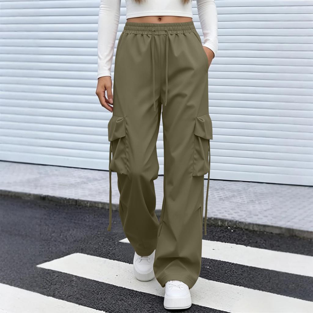 Hohe Taille Gerade Bein Lockerer Schnitt Lange Hosen für Damen Lässige Weite Hosen mit Mehreren Taschen Kordelzug Taille Design