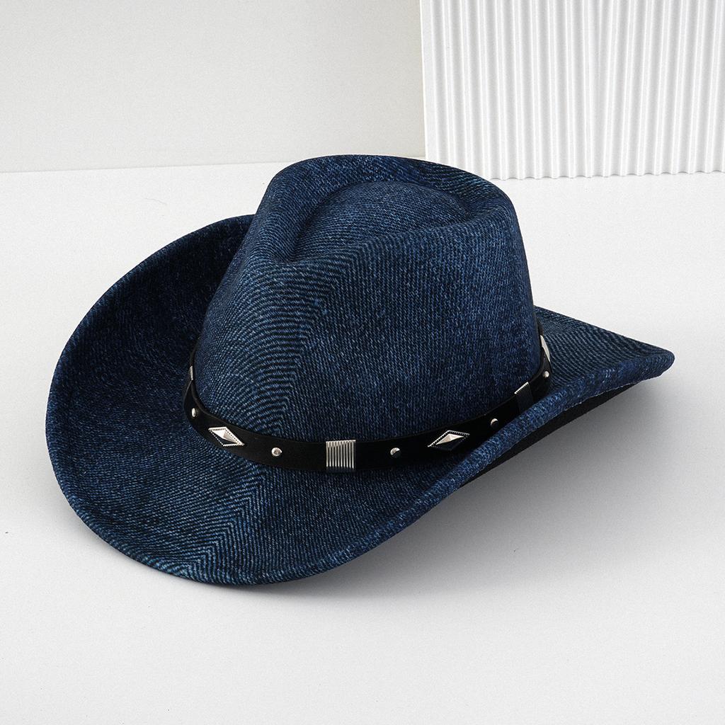 Western cowboy hat, black felt top hat, metal three-dimensional rhombus square rivet leather belt, suitable for outdoor travel