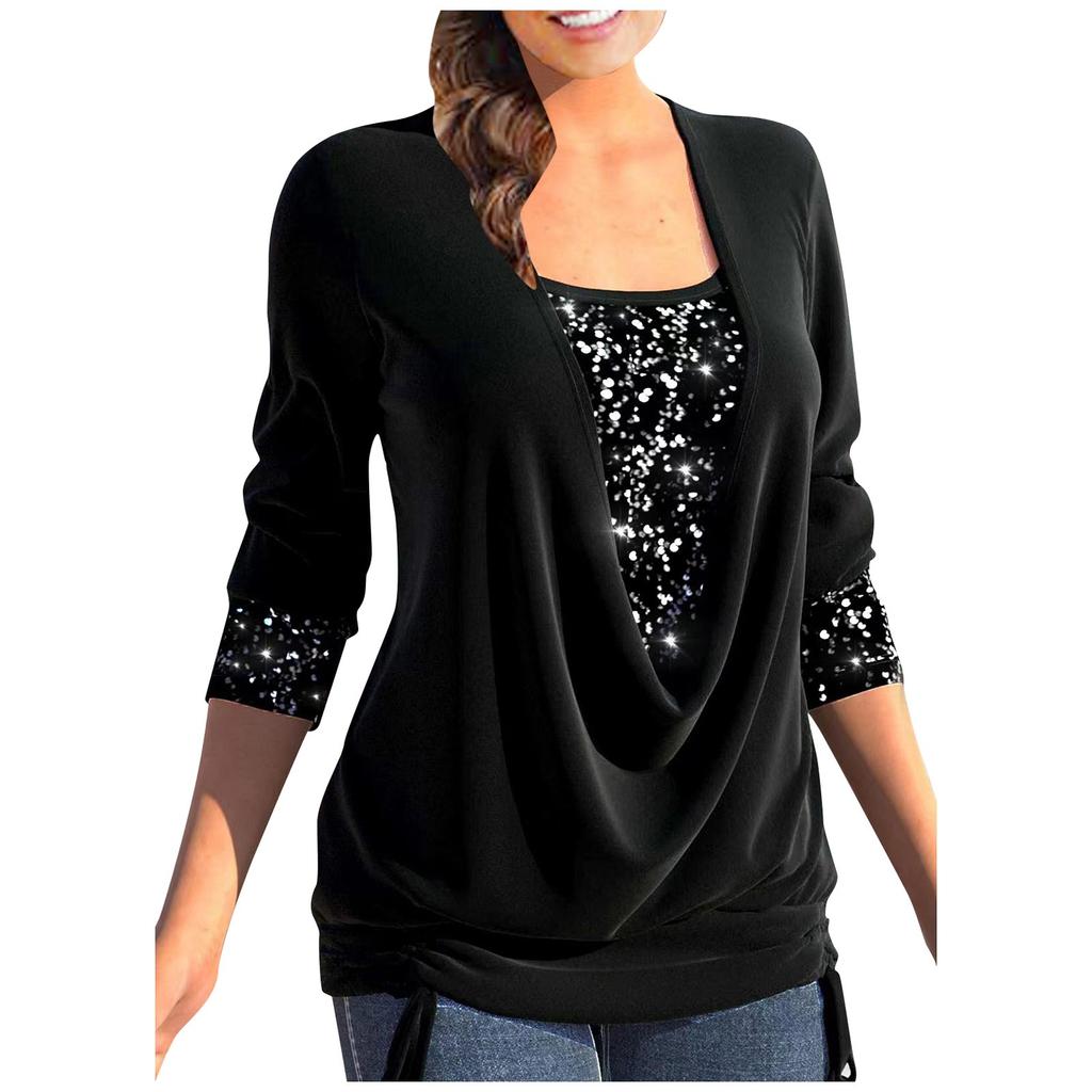 Women's Sequin Color Long Sleeve Large Pendant Collar Loose Drawstring Fake Two-Piece Top