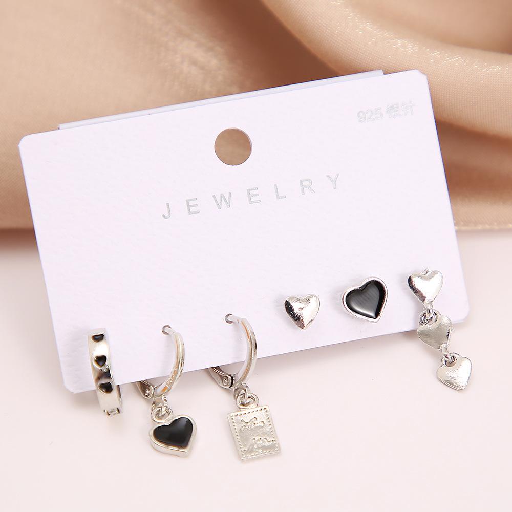 6PCS Black Heart Earrings Set for Women Simple Temperament Ladies Hoop Earrings Holiday Jewelry Gifts