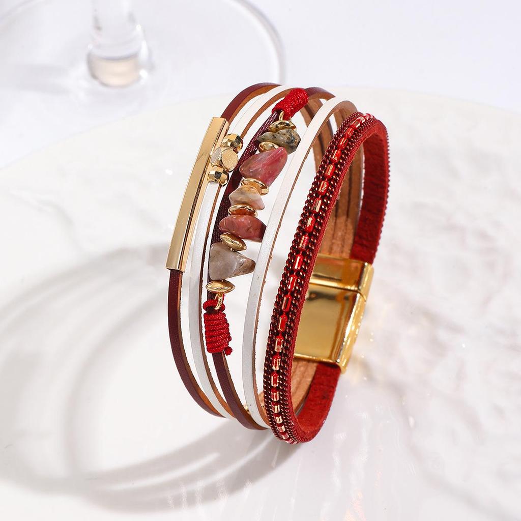 Bohemian Color Block Chip Bracelet with Magnetic Buckle – PU Leather, Trendy Niche Design