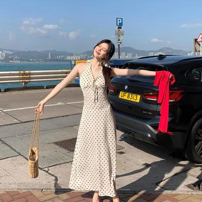 Vintage Sweetheart Vneck Polka Dot Neck Dress Women's Summer Backless Strap Sleeveless Vest Long Dress