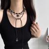 Long Gothic Cross Necklace Women Alloy Chain Choker With Beaded Detail Y2K Punk Style Layered Look