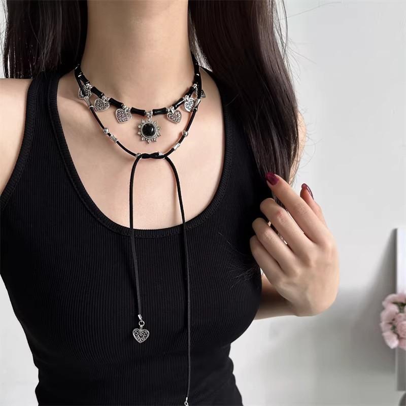 Long Gothic Cross Necklace Women Alloy Chain Choker With Beaded Detail Y2K Punk Style Layered Look