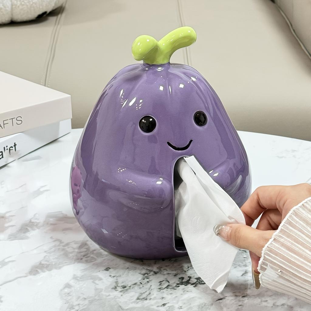 Charming Purple Eggplant Shaped Ceramic Tissue Box Holder with Green Ste,mLeaf Design,Cute Cartoon Kitchen Decor for Living Room or Dining Table