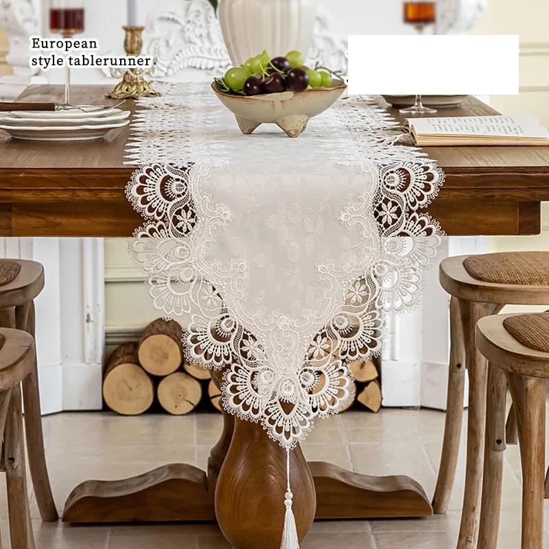 European Lace Hollow Table Runner with Tassels Luxury Dust-Proof Tv Cabinet Cover Cloth Retro Long Tablecloth for Wedding Party