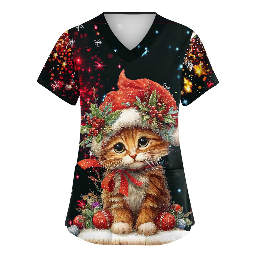 Dame Søt Sløyfe Trykket Arbeidsklær V-hals Dobbelt Lag Lommer Basic Kortermet Topp Pullover