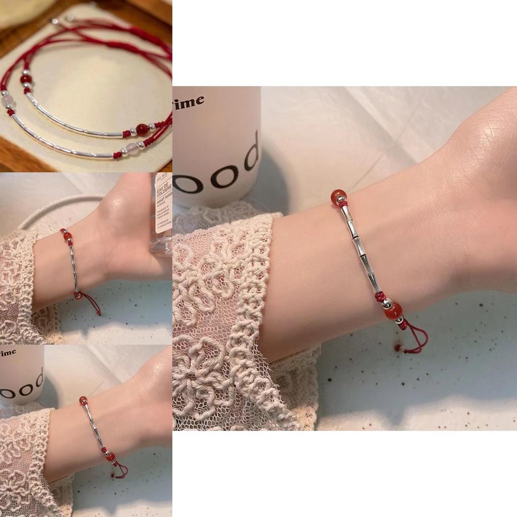 Handmade Red Elegant Rope Bracelet For Women With Bamboo Charm Style Chinese