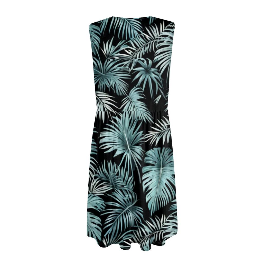 Women's Casual Fashion Sexy V-neck Button Decoration Sleeveless Beach Printed Boutonniere Dress