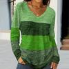 Women's Color Blocked Casual Fashion Long Sleeved V-neck T-shirt Top