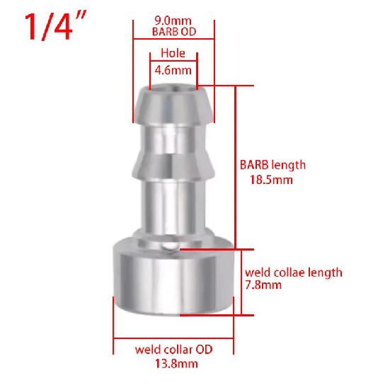 Weld Push Lock Aluminum 1/4 3/8 1/2 5/8 3/4 Straight Barb Weld On Bungs Fitting Adapter Round Base Barb Universal Silver 1-4 2PCS