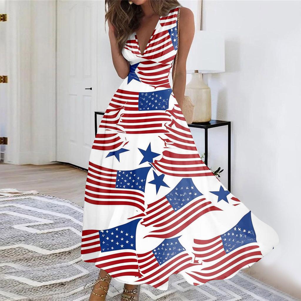 Sleeveless Maxi 4th of July Dress with Star Print Independence Day Dress for Women Casual Loose Fit Holiday Outfit