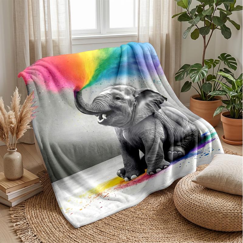 Elephant Singing Under Rainbow Theme Blanket Lightweight Warm Flannel Blanket Decorative Throw Blanket for Home Decoration