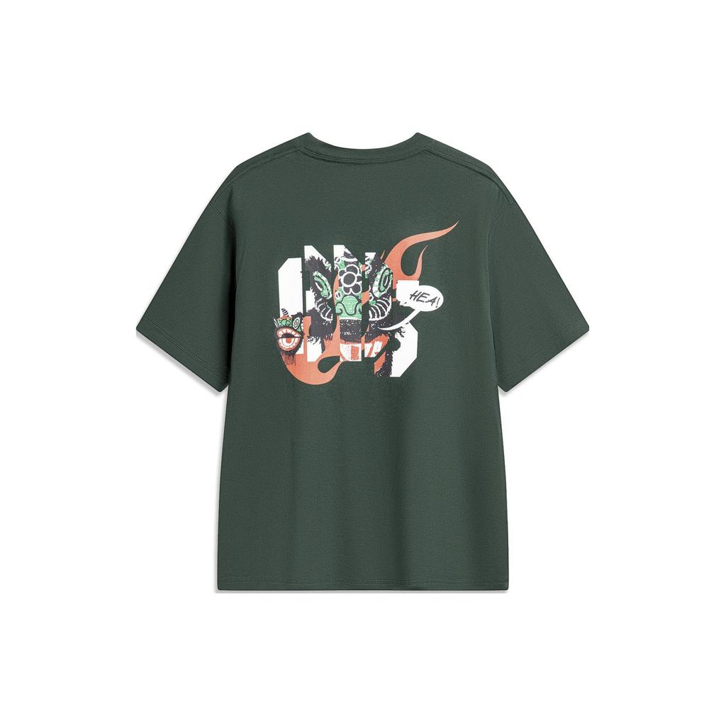 Li Ning T Shirts Unisex Dark Green Crew Neck Moderate Straight Fit AHSTA55-2