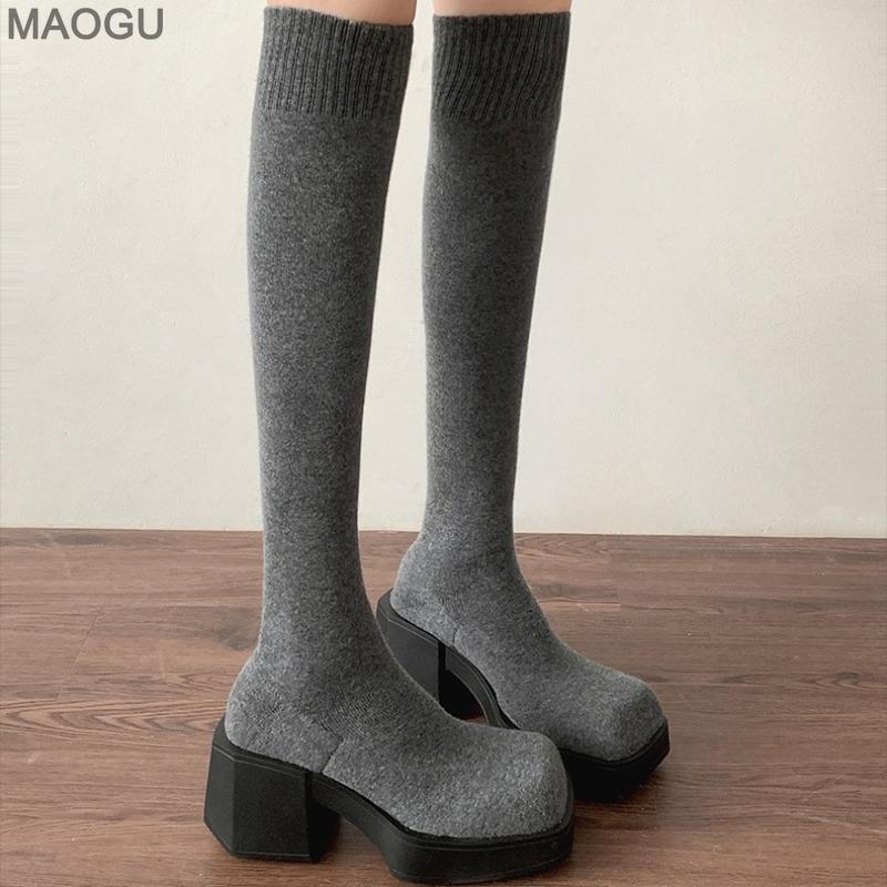 Women's Fashion Knee High Sock Boots Spring Autumn Chunky Block Heel Platform Stretch Boots Elegant Retro Style Botas Mujer