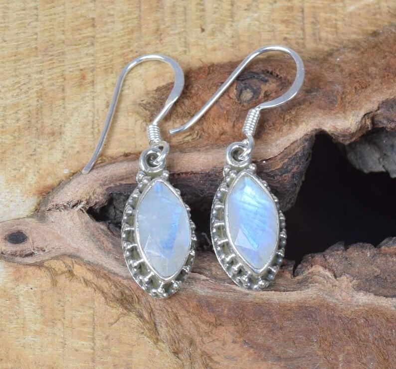 Solid 925 Sterling Silver Moonstone Gemstone Handmade Boho Designer Earrings Gift For Her