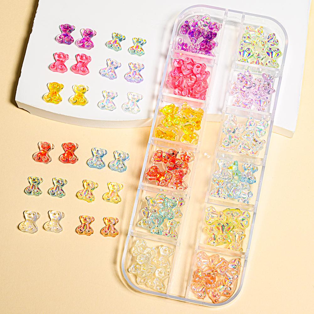 12Grids/Box Mixed Resin Bowknot Nail Charms 3D Colorful Bow Kawaii Rhinestone Nail Art Decorations DIY Manicure Parts Pen Tweeze