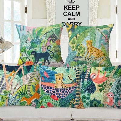 Hand Painting Tropical Summer Green Jungle Woods Cushion Covers Plants Tiger Leopard Snake Fox Sloth Animal Print Pillow Case