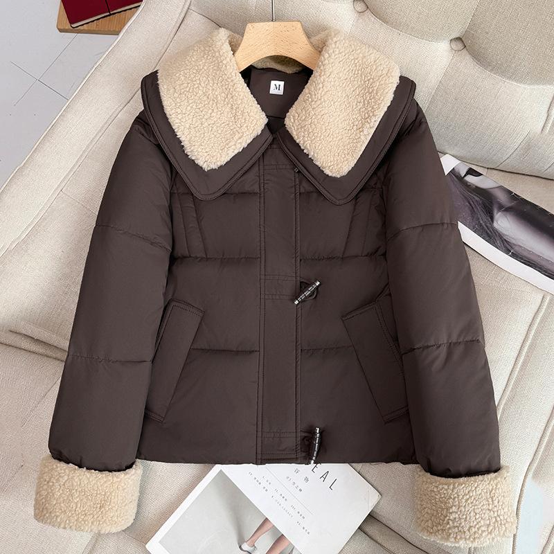 New doll collar contrasting color fashionable splicing horn buckle short cotton coat long sleeve jacket