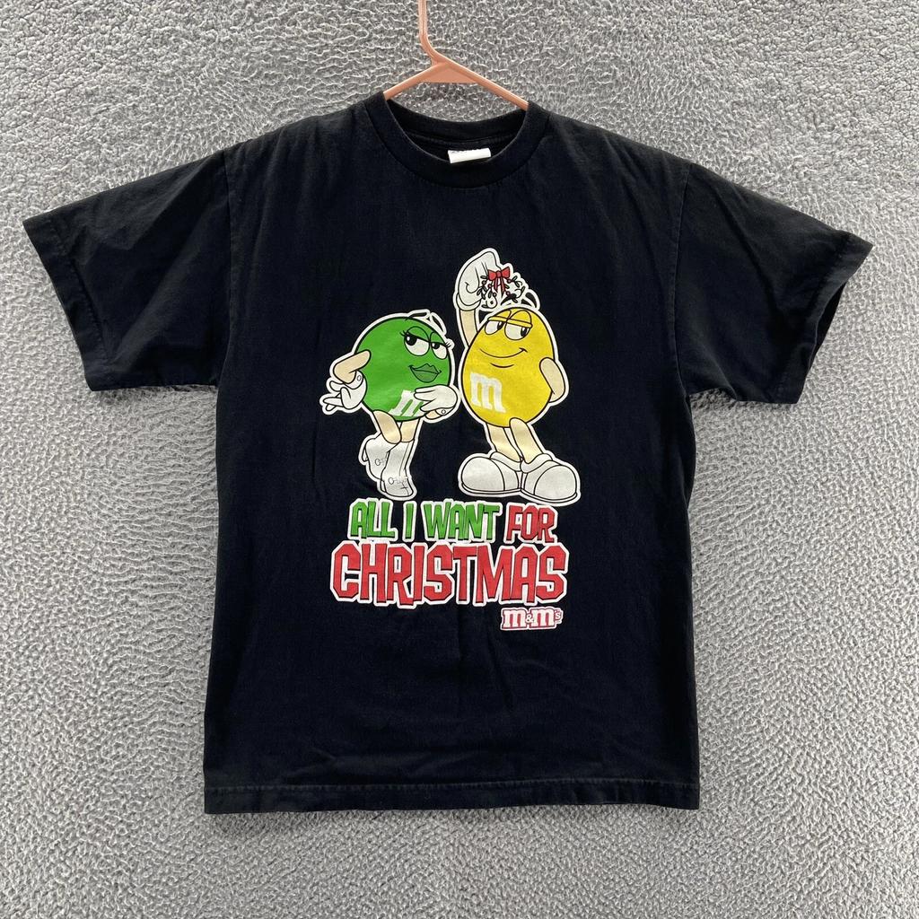 VINTAGE M&Ms T-Shirt Herren Medium Schwarz Weihnachtsfeiertag Ms Grün Grafik Lustig